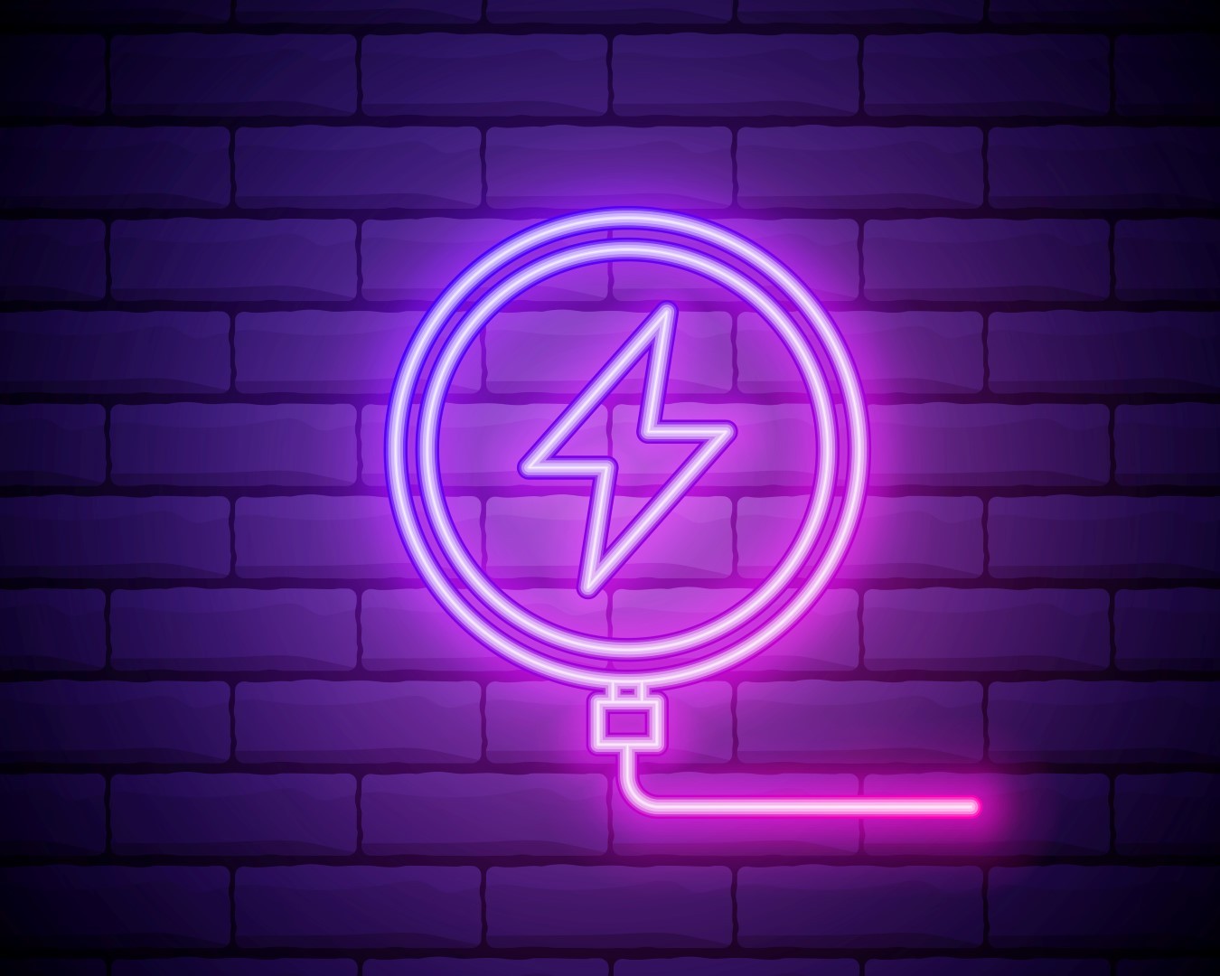 Glowing neon line Smartphone charging on wireless charger icon isolated on brick wall background. Charging battery on charging pad. Vector Illustration.